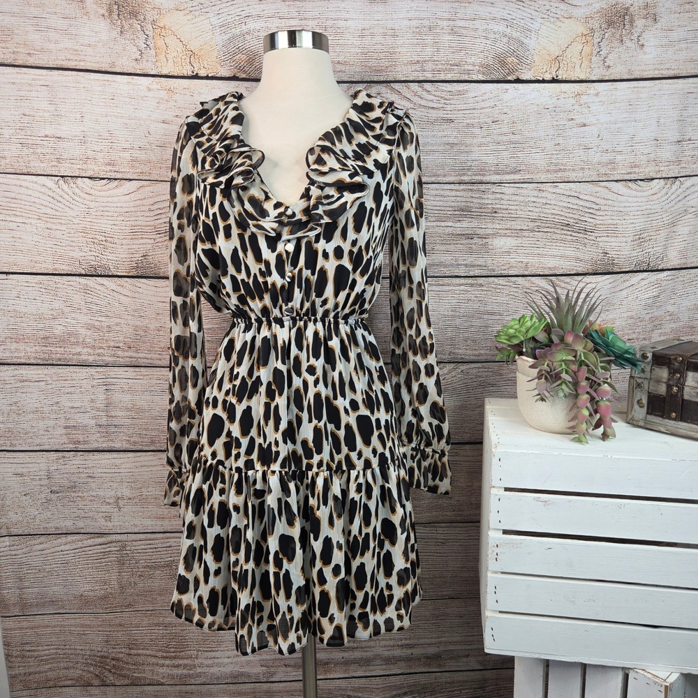 River Island Animal Print Ruffle V-Neck Mini Dress Long Sleeve Brown Black US 4